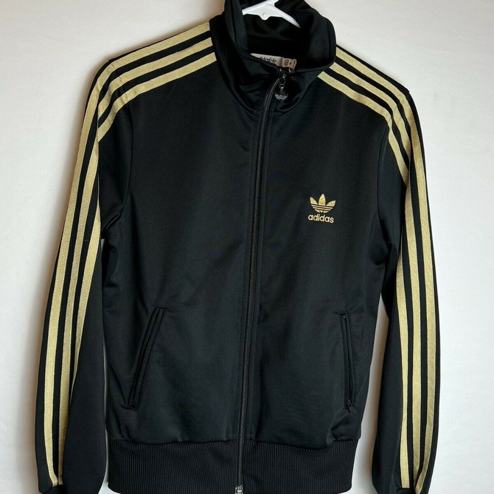 Adidas Trefoil Track Top Jacket Full Zip Black Gold Woman’s Size Medium.
